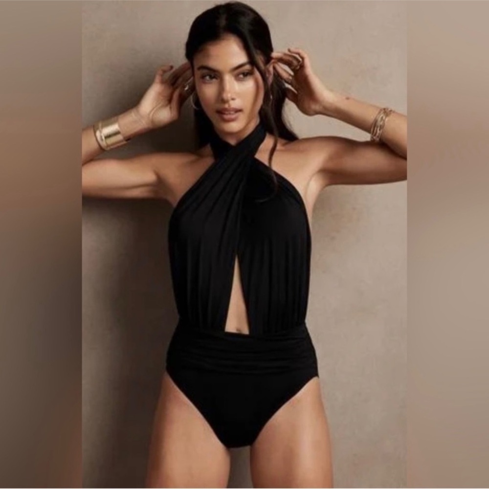 Banana Republic Factory Black Halter Twist One-Piece Swimsuit